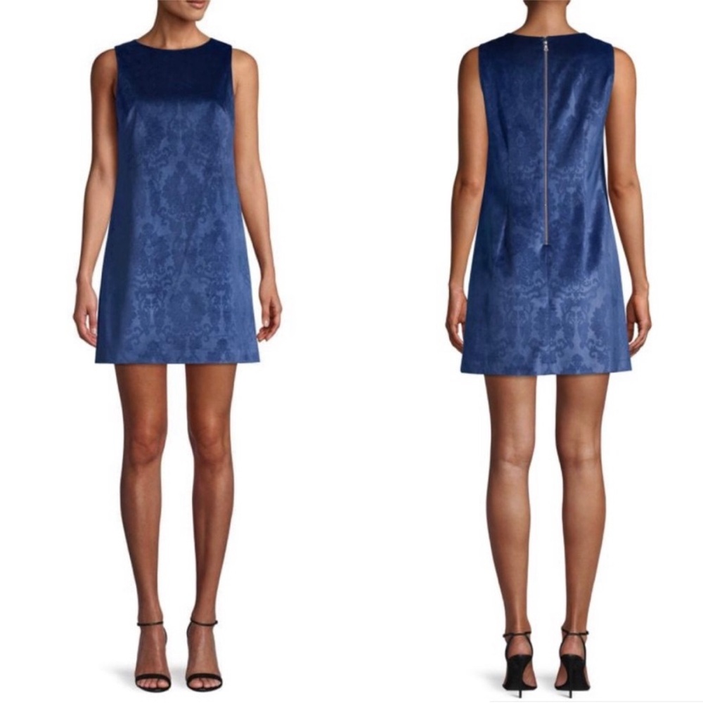 Alice + Olivia | Blue Clyde Damask Velvet Sleeveless Shift Dress